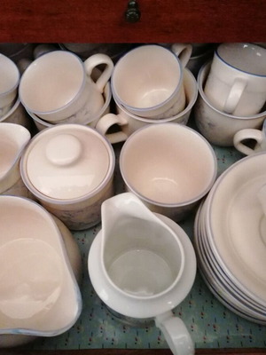 Earthenware Dinner Set New with Silver Detail, Cups, Plates, Platters