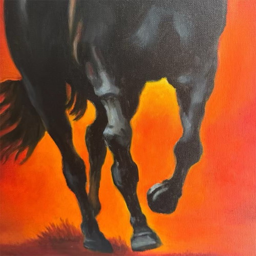 Tsimogiannis Black Horse Oil Painting on Canvas like new