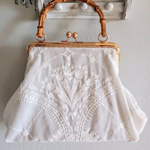 Handmade handbag with wooden handle and minky fabric, new