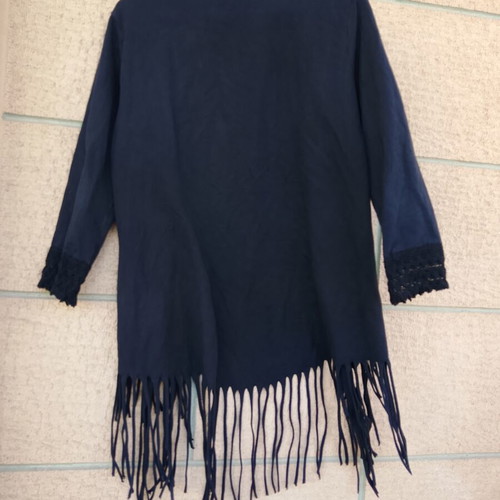 Black women's cardigan with fringe and lace detail, boho casual
