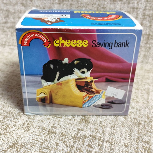 Cheese Saving Bank wind-up new vintage plastic coin bank with box