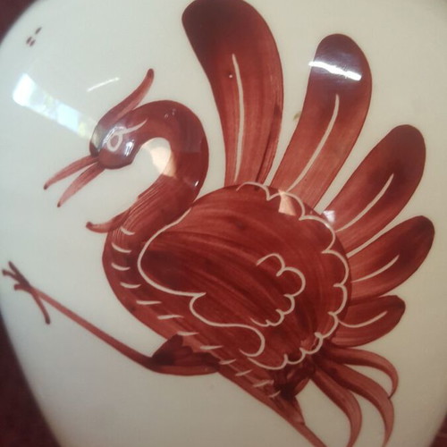 Vintage vase with flowers and peacock by Bulle Dubuis Bosshard like new
