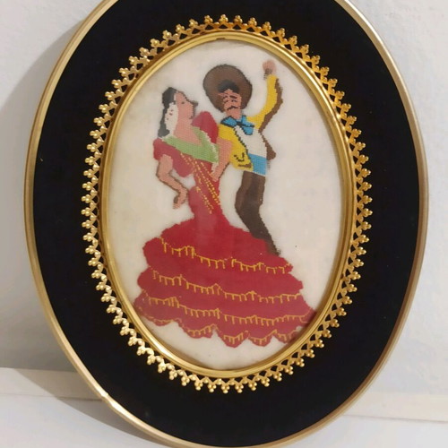 Framed embroidery used, dimensions 18 x 14