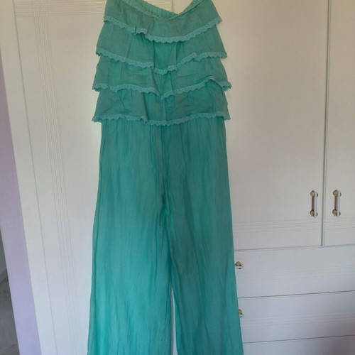Boho Turquoise Strapless Jumpsuit Be You used, 32% silk & cotton, M/L