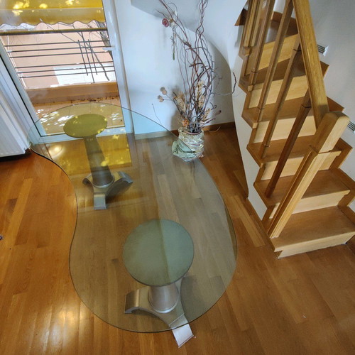 Oval table used, handmade construction, solid wood base