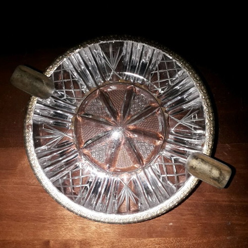 French Art Deco Antique Ashtray 1925 with Hand-Engraved Clear Crystal and Gold Rim like new