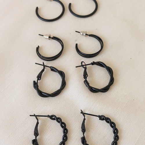 Set of 4 Small Black Stainless Steel Hoop Earrings new