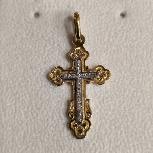 Gold Byzantine cross handmade 14K with diamonds