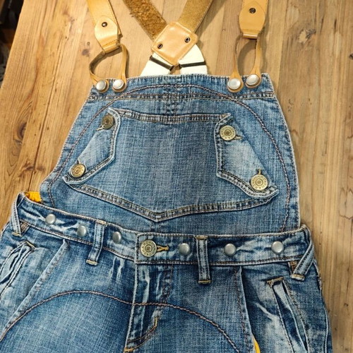 Phard denim overalls like new, blue, leather straps, 7/8 length