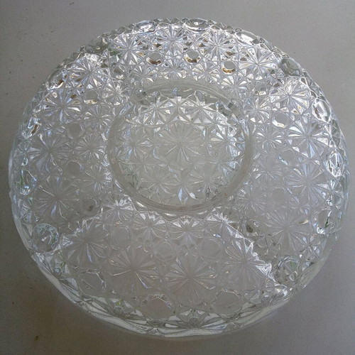 Crystal round serving platter with five sections and intricate embossed design, new