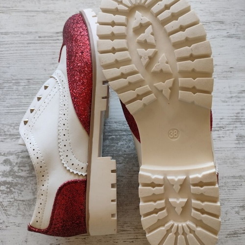 Moccasins white with red glitter new, size 38