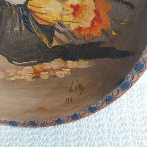 Vintage Hand-Painted Wooden Decorative Plate Floral Still Life