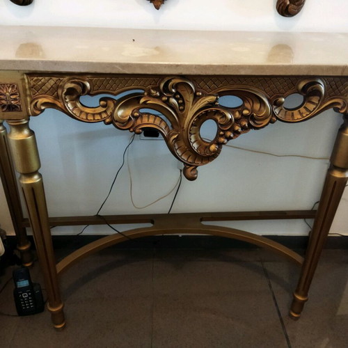 Console with gilded wood and marble like new