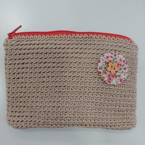 Handmade knitted wallet beige new with floral decoration