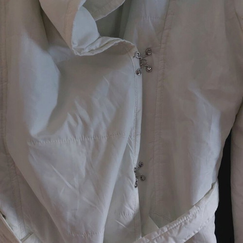 White women's knee-length jacket with hood like new