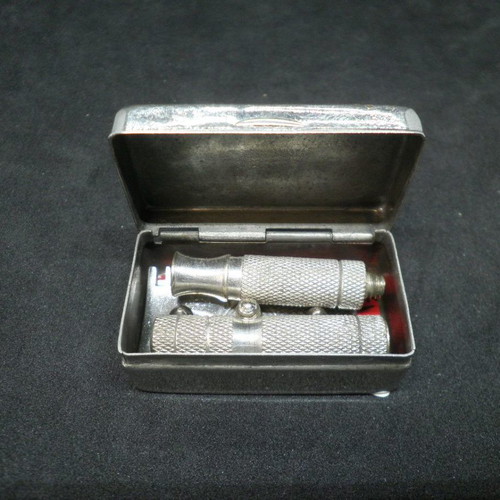 Antique shaving razor used, split with case, French origin