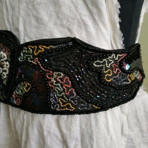 Handmade vintage fabric belt used, embroidered with glass beads and strass