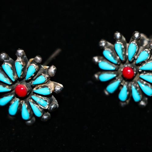 Earrings genuine turquoise and coral 925 sterling silver Navajo Indian new