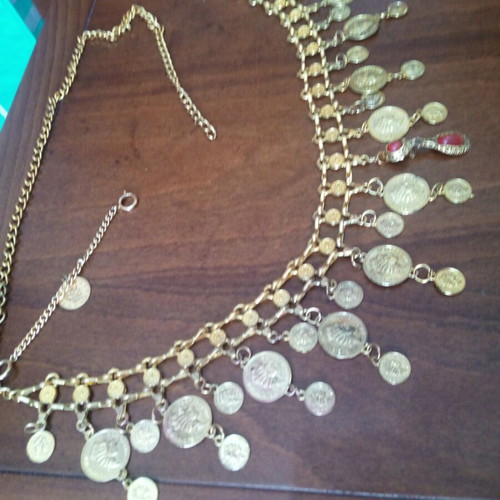 Bronze long multipurpose belt necklace with jasper and Elizabeth profile coins used, repaired