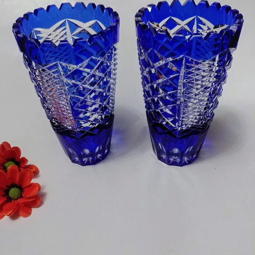 Zegary Vase 18.5 Ekb. Lausitzer/Imperlux cobalt blue White crystal Germany 50'-60'.