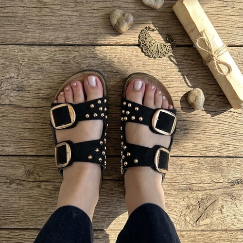 Black Studded Double Buckle Sandals with Gold Details new