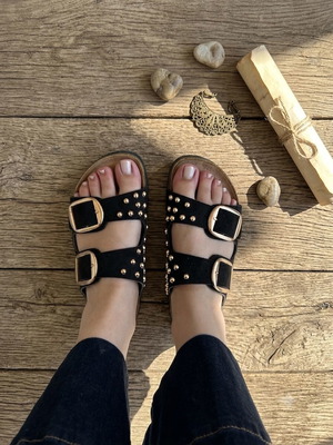Black Studded Double Buckle Sandals with Gold Details new