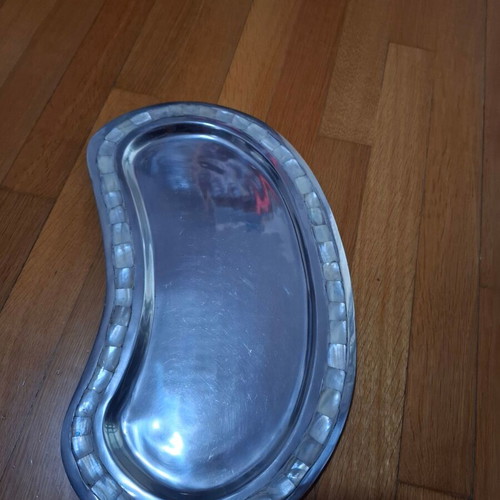 Decorative metal kidney-shaped tray with shell inlay like new