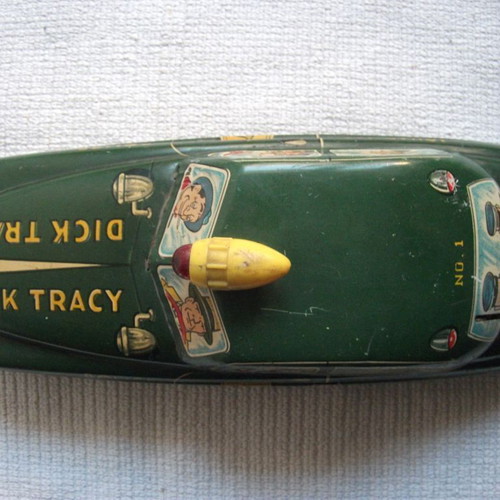 Dick Tracy Police Car tin toy used, wind-up, 1950s