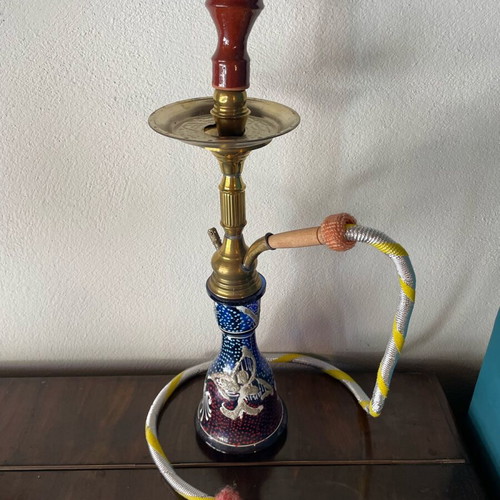 Hookah used with blue glass and brass coating