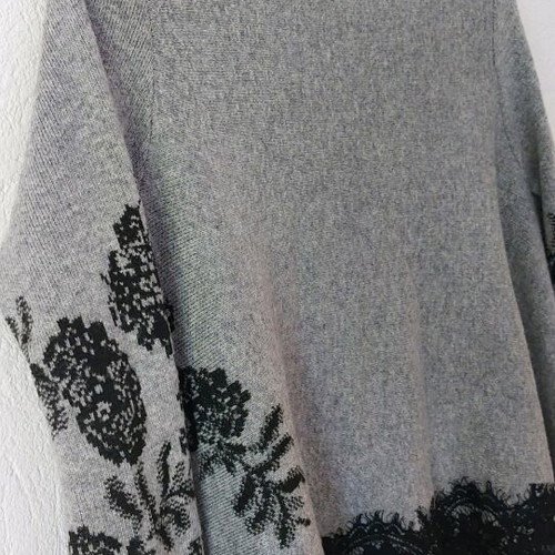 Gray viscose cardigan with black lace asymmetrical like new, one size