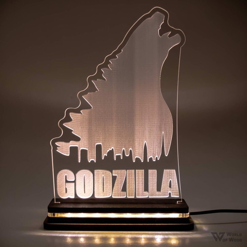 Godzilla LED lamp new with wooden base and plexiglass
