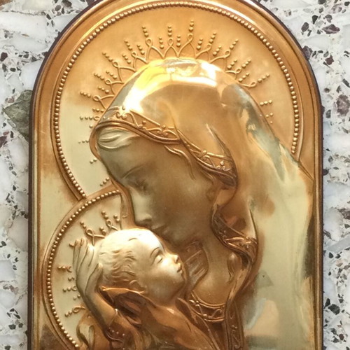 Madonna and Child embossed religious icon like new, gold and silver finish