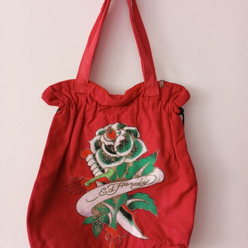 Red Ed Hardy Y2K Style Tattoo Canvas Shoulder Bag