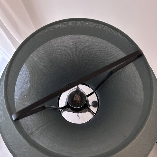 IKEA floor lamp used, dark blue fabric shade, tripod legs