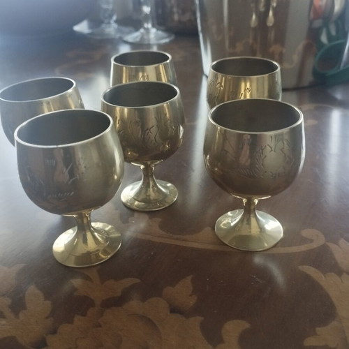 Vintage bronze liqueur glasses set of 6 used with intricate engraving