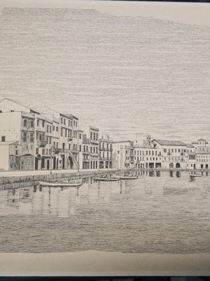 Woodcut Chania Harbor used, dimensions 35x25cm