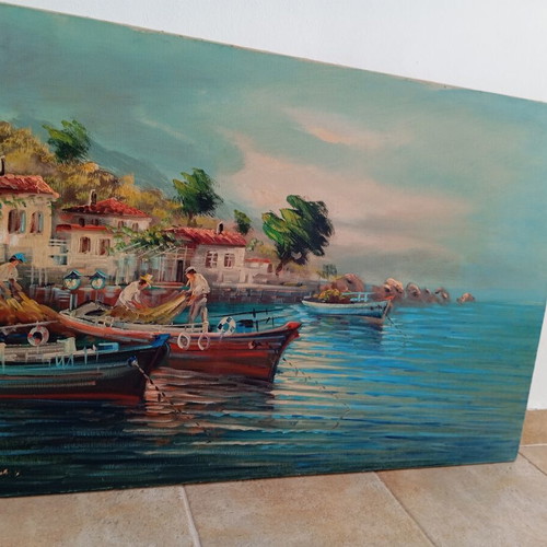 Oil Painting on Canvas by Nikos Papadopoulos, Like New, Island Theme