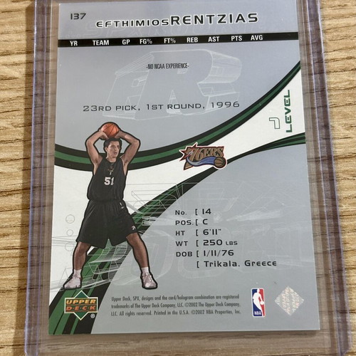 Efthimios Rentzias 76ers Upper Deck 2002 numbered card like new