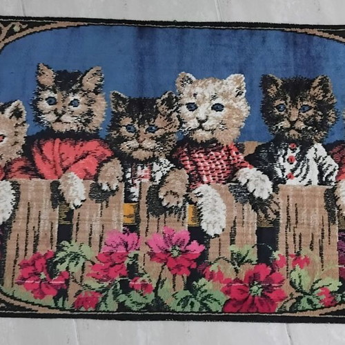 Vintage tapestry rug 'Kittens on the Fence' velvet wall hanging