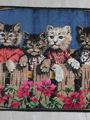 Vintage tapestry rug 'Kittens on the Fence' velvet wall hanging