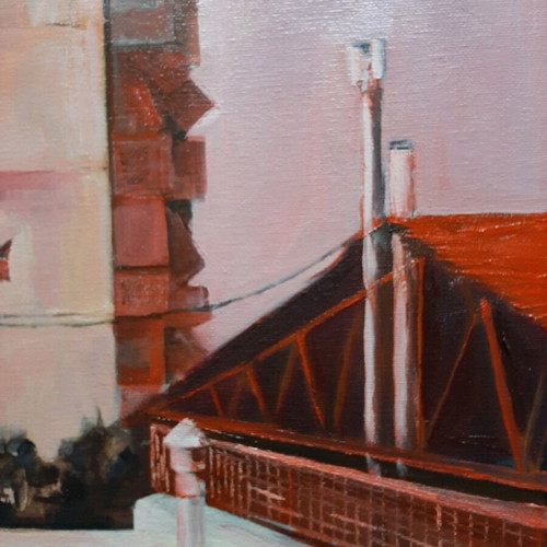 Oil painting new urban landscape on red canvas