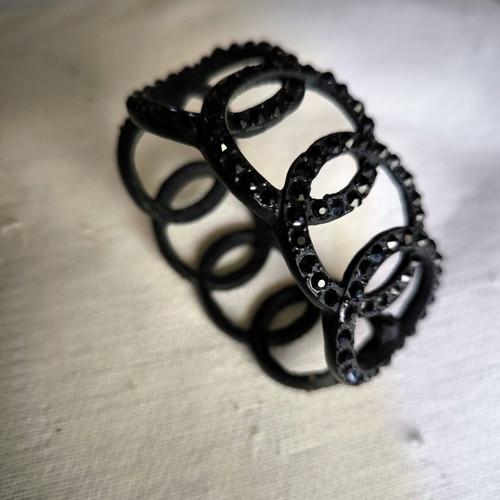 Cuff bracelet black steel with black rhinestones new