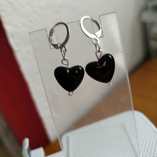 Handmade hypoallergenic earrings new with silver hoops and black hearts