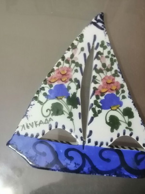 Souvenir boat made of enamelled clay, new, Lefkada