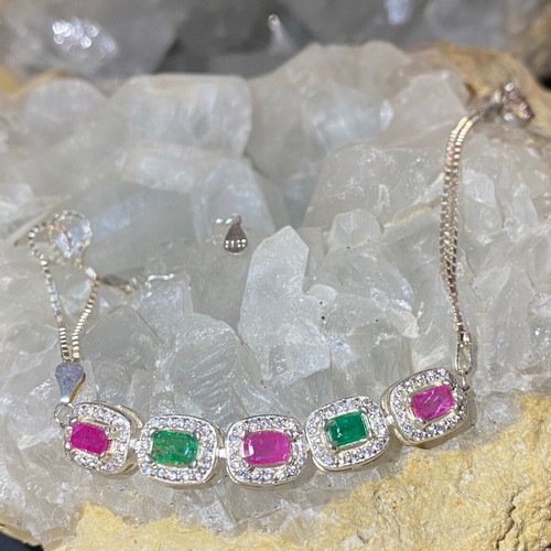 Handmade silver bracelet with natural emerald, ruby and moissanite, new