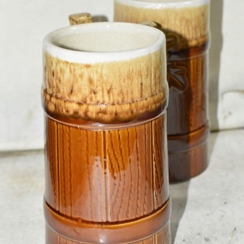Set of 2 vintage ceramic beer mugs used with rustic wood and leaf design