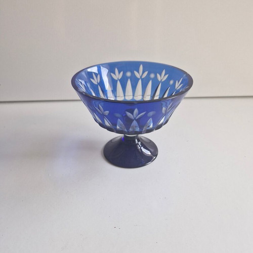 Blue Engraved Glass Fondue Bowl like new
