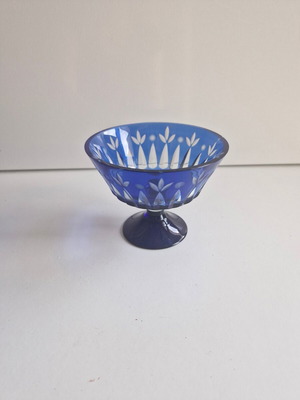 Blue Engraved Glass Fondue Bowl like new