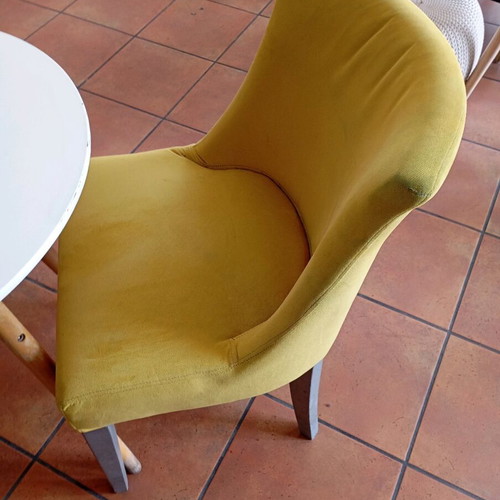Fabric chairs used, 6 pcs, 2 small tables and 4 handmade painted wooden tables