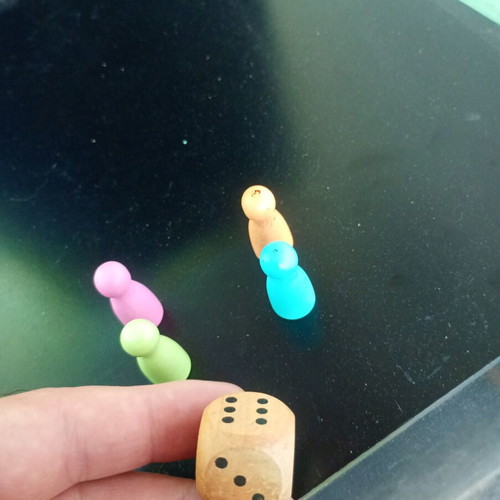 Wooden pawns with wooden dice used